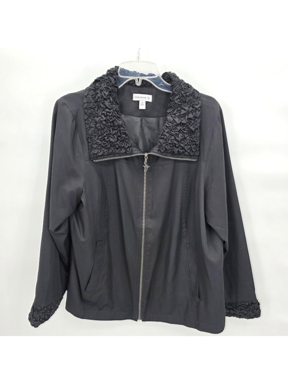 Susan Graver Jacket Womens XL Black Ruched Collar Zip Lightweight Travel Chic